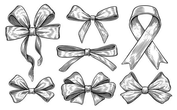 Vector illustration of Gift set of bows. Silk ribbons with bows, holiday decor for holiday packaging and design. Sketch vintage vector