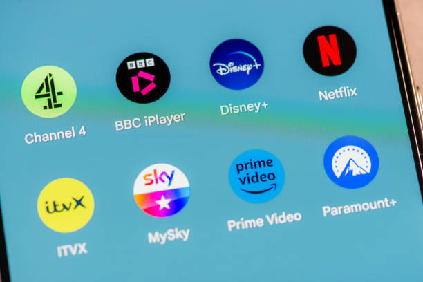 Streaming apps available in UK Glasgow, Scotland - Close-up of a variety of smartphone apps for on-demand video streaming on the screen of a Google Pixel 8 Pro smartphone. sky news stock pictures, royalty-free photos & images