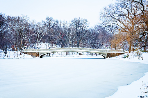 bridge over frozen lake in winter