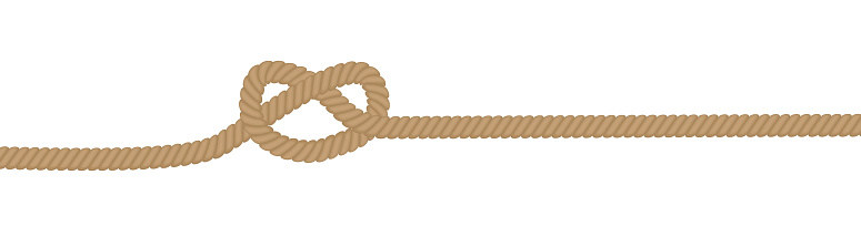 Long rope with knot. Tied knot, natural decorative cotton rope cartoon vector illustration
