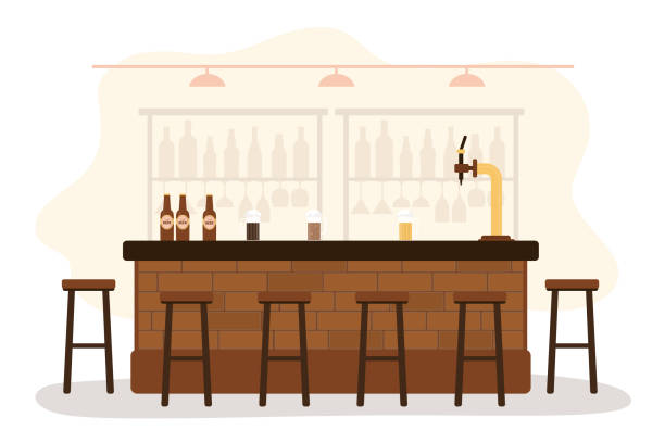 ilustrações de stock, clip art, desenhos animados e ícones de bar restaurant with counter. interior with pub counter, bar chairs and shelves with alcohol. no people, empty. beer faucet, glasses and beer bottles. - bar bar counter pub beer