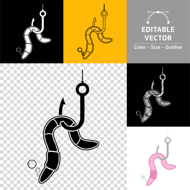 illustrazioni stock, clip art, cartoni animati e icone di tendenza di esca da pesca icona verme, amo. - worm cartoon fishing bait fishing hook