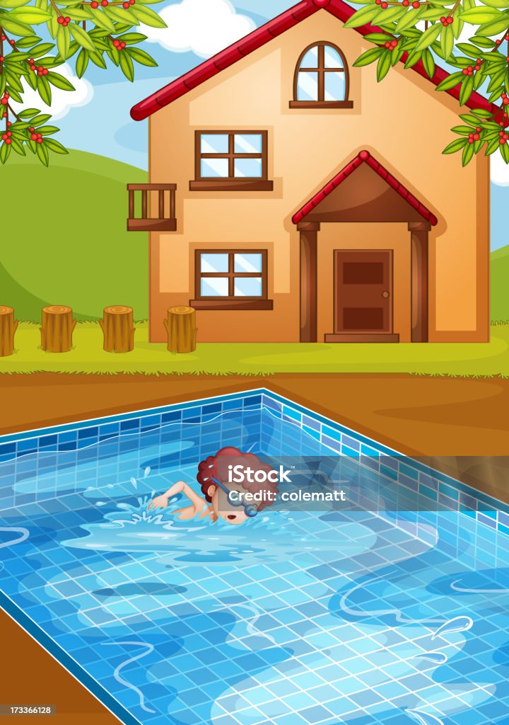 Chłopiec pływanie w basenie w swoim podwórku - Grafika wektorowa royalty-free (Chłopcy)