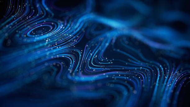 Curved Data Lines With Shallow Depth Of Field - Blue - Technology, Computer Network, Abstract Pattern 3d rendered image, perfectly usable for all kinds of topics related to data analytics, digital networks or technology in general. bandwidth stock pictures, royalty-free photos & images