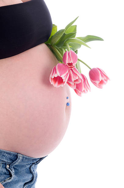 ピンクと白のチューリップ妊娠中の腹をご用意しています。 - pierced abdomen flower beauty ストックフォトと画像