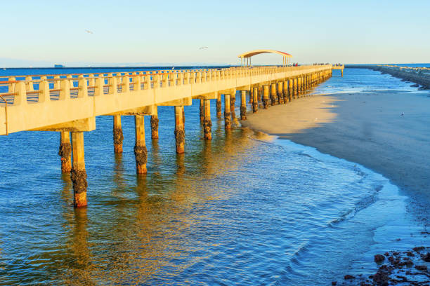 Beach view of the Cabrillo Pier stretching out into the ocean on a sunny winter day.