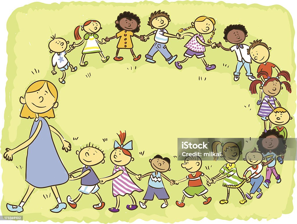 Cartoon Picture Of A Group Of Children Being Led By Teacher Stock  Illustration - Download Image Now - iStock