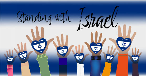 Text: Standing with Israel. People raising hands. hands holding national israeli flag in shape of a heart. Israel-Palestine conflict.  flat vector illustration Text: Standing with Israel. People raising hands. hands holding national israeli flag in shape of a heart. flat vector illustration star of david logo stock illustrations