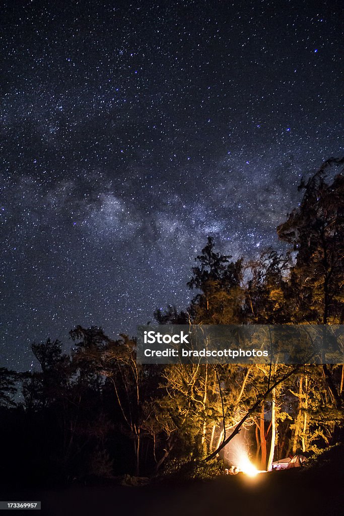 Camping under the stars A campsite in west maui with a campfire going sitting directly under the milky way galaxy. Adventure Stock Photo