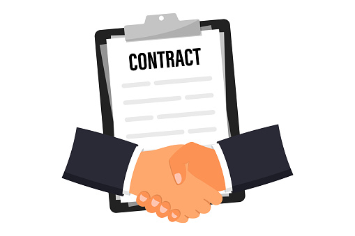 Business contract. Document. Agreement. Handshakes of businessman. Contract document with signature and seal. Handshake. Folder with papers and seal. Successful partnership cooperation investment deal