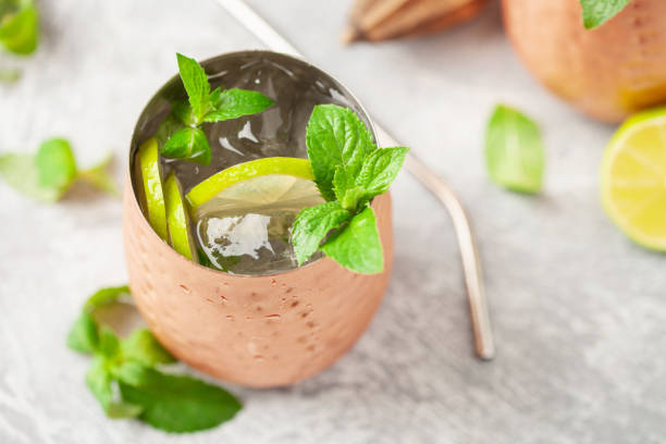istock Alcohol cocktail mojito with lime and mint in copper glasses with ice. Summer refreshing drink 1733707256