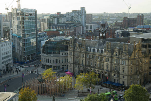 Leeds, UK : 10 12 2023 - View of Leeds City Centre looking down on the old post office, the curved head quarters of Channel 4, and the black prince statue
