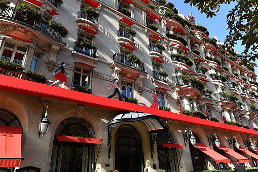 Paris, France-10 07 2023: The Facade of the Plaza-Athenée Palace hotel in Paris, France.