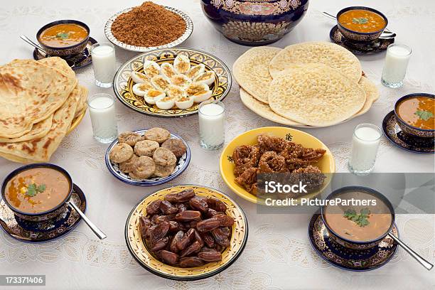 Traditional Moroccan Meal For Iftar In Ramadan Stock Photo - Download Image Now - Soup, Ramadan, Morocco