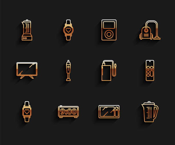 ilustrações de stock, clip art, desenhos animados e ícones de set line smart watch showing heart beat rate, digital alarm clock, blender, microwave oven, measuring cup, remote control and power bank with different charge cable icon. vector - data technology computer cable power line