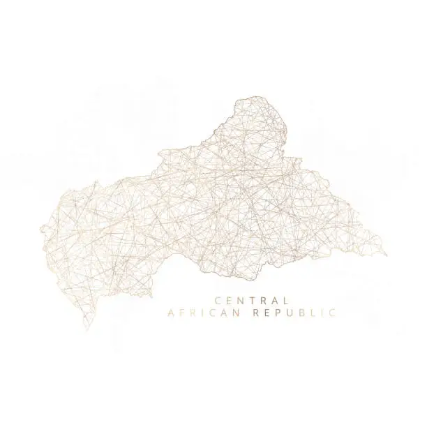 Vector illustration of Low poly map of Central African Republic. Gold polygonal wireframe. Glittering vector with gold particles on white background