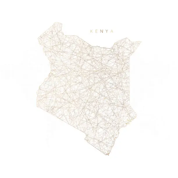 Vector illustration of Low poly map of Kenya. Gold polygonal wireframe. Glittering vector with gold particles on white background