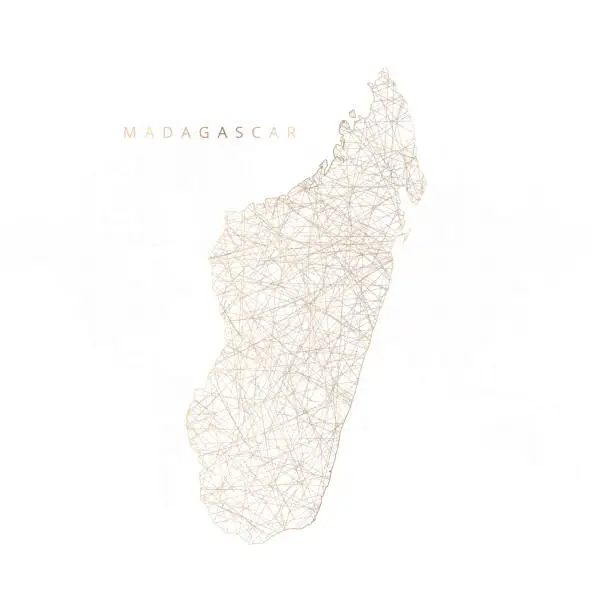Vector illustration of Low poly map of Madagascar. Gold polygonal wireframe. Glittering vector with gold particles on white background