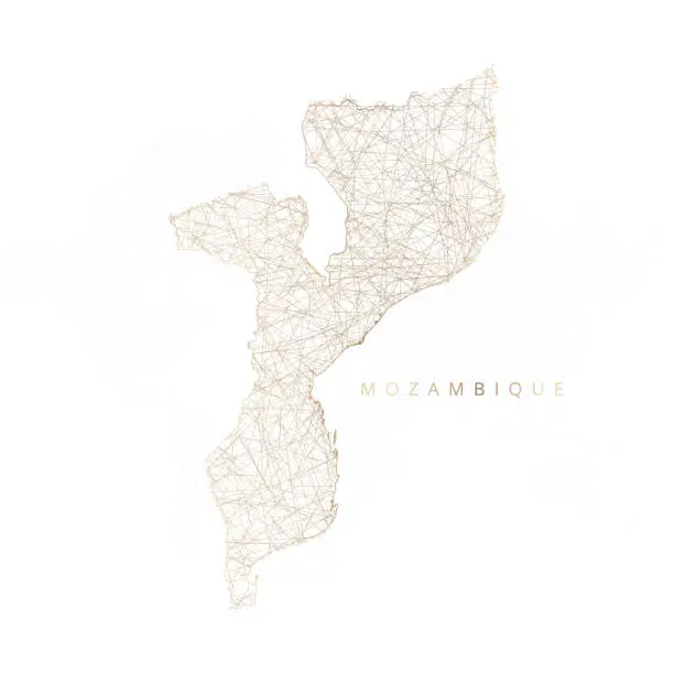 Vector illustration of Low poly map of Mozambique. Gold polygonal wireframe. Glittering vector with gold particles on white background