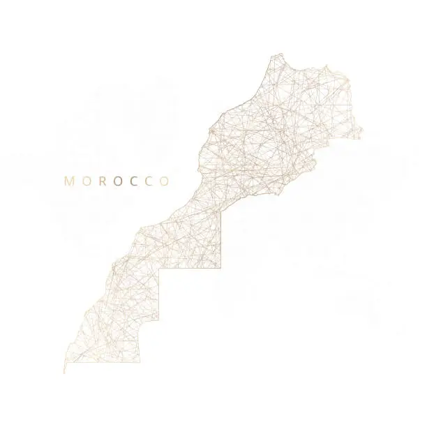 Vector illustration of Low poly map of Morocco. Gold polygonal wireframe. Glittering vector with gold particles on white background