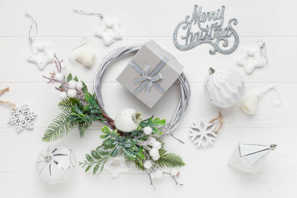 istock Christmas gift boxes on white background. Xmas concept, preparation for winter holidays, boxing day. Festive mock up. Top view. Flat lay 1733719828