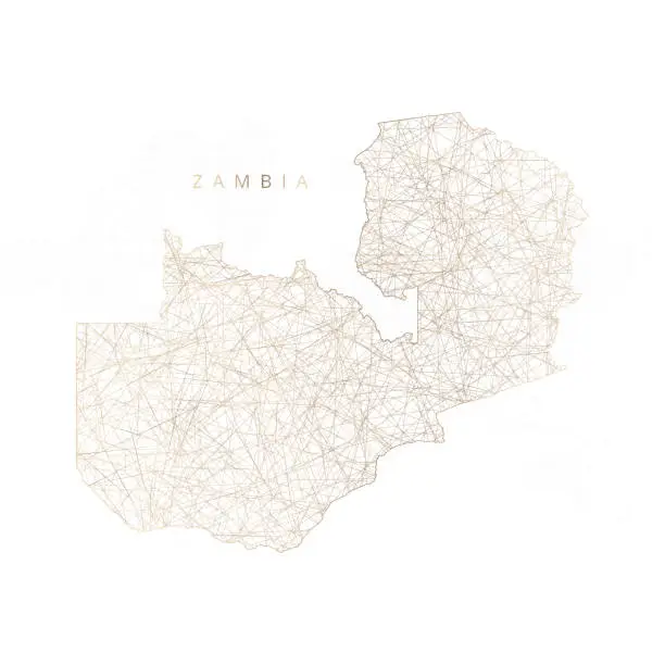 Vector illustration of Low poly map of Zambia. Gold polygonal wireframe. Glittering vector with gold particles on white background