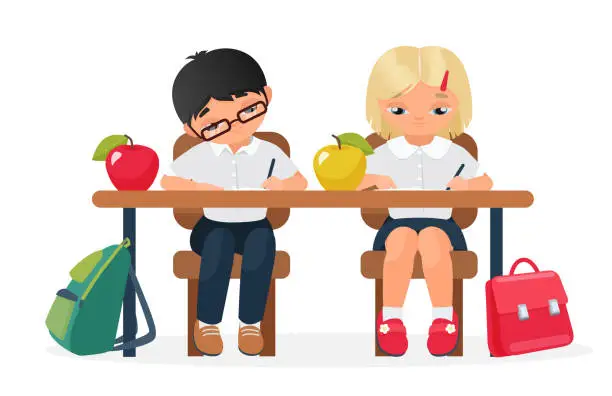 Vector illustration of Two pupils sitting on school desk