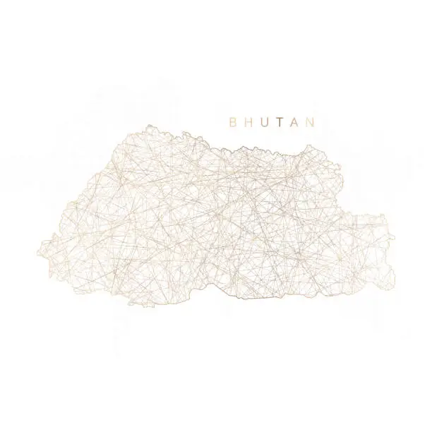 Vector illustration of Low poly map of Bhutan. Gold polygonal wireframe. Glittering vector with gold particles on white background