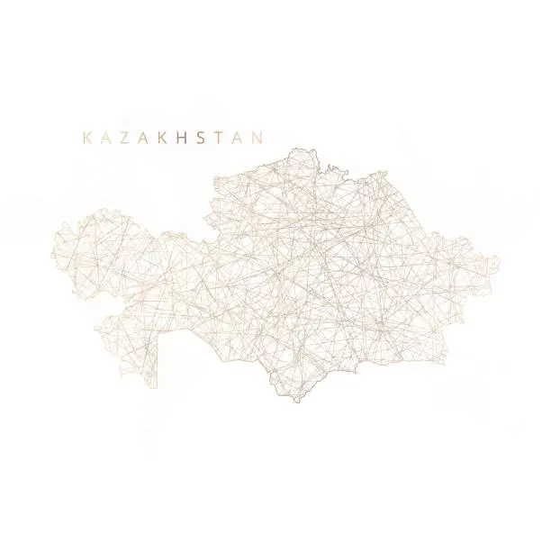 Vector illustration of Low poly map of Kazakhstan. Gold polygonal wireframe. Glittering vector with gold particles on white background