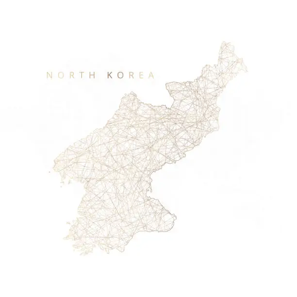 Vector illustration of Low poly map of North Korea. Gold polygonal wireframe. Glittering vector with gold particles on white background