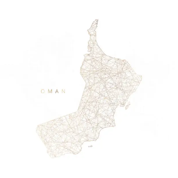 Vector illustration of Low poly map of Oman. Gold polygonal wireframe. Glittering vector with gold particles on white background