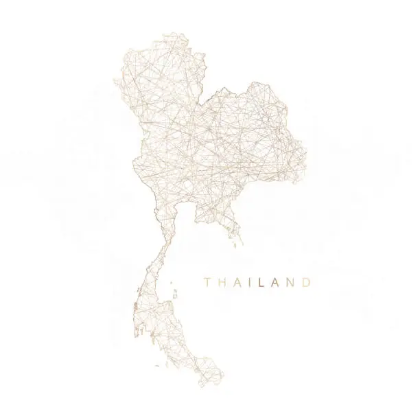 Vector illustration of Low poly map of Thailand. Gold polygonal wireframe. Glittering vector with gold particles on white background