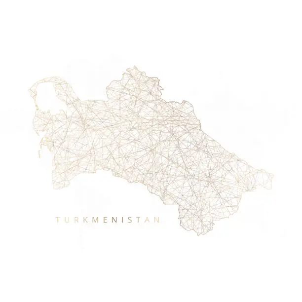 Vector illustration of Low poly map of Turkmenistan. Gold polygonal wireframe. Glittering vector with gold particles on white background