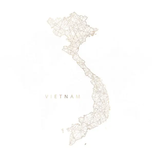 Vector illustration of Low poly map of Vietnam. Gold polygonal wireframe. Glittering vector with gold particles on white background