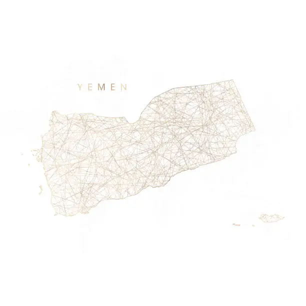 Vector illustration of Low poly map of Yemen. Gold polygonal wireframe. Glittering vector with gold particles on white background