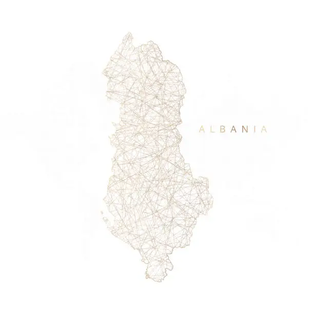 Vector illustration of Low poly map of Albania. Gold polygonal wireframe. Glittering vector with gold particles on white background