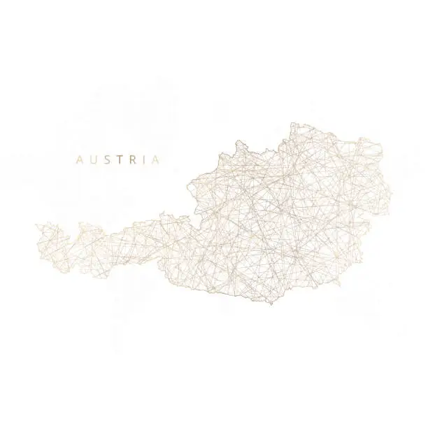 Vector illustration of Low poly map of Austria. Gold polygonal wireframe. Glittering vector with gold particles on white background