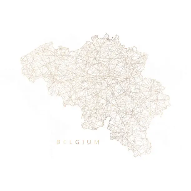 Vector illustration of Low poly map of Belgium. Gold polygonal wireframe. Glittering vector with gold particles on white background