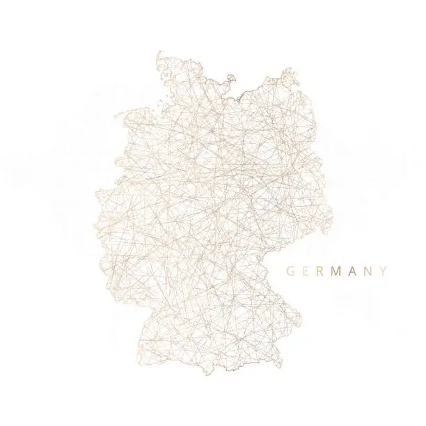 Vector illustration of Low poly map of Germany. Gold polygonal wireframe. Glittering vector with gold particles on white background