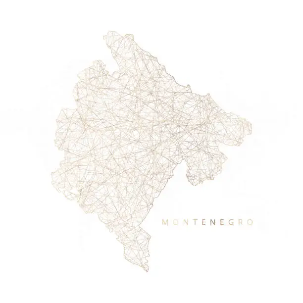 Vector illustration of Low poly map of Montenegro. Gold polygonal wireframe. Glittering vector with gold particles on white background