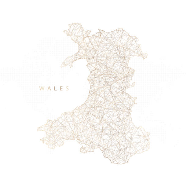 ilustrações de stock, clip art, desenhos animados e ícones de low poly map of wales. gold polygonal wireframe. glittering vector with gold particles on white background - wales cardiff map welsh flag