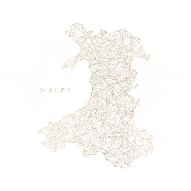 Vector illustration of Low poly map of Wales. Gold polygonal wireframe. Glittering vector with gold particles on white background