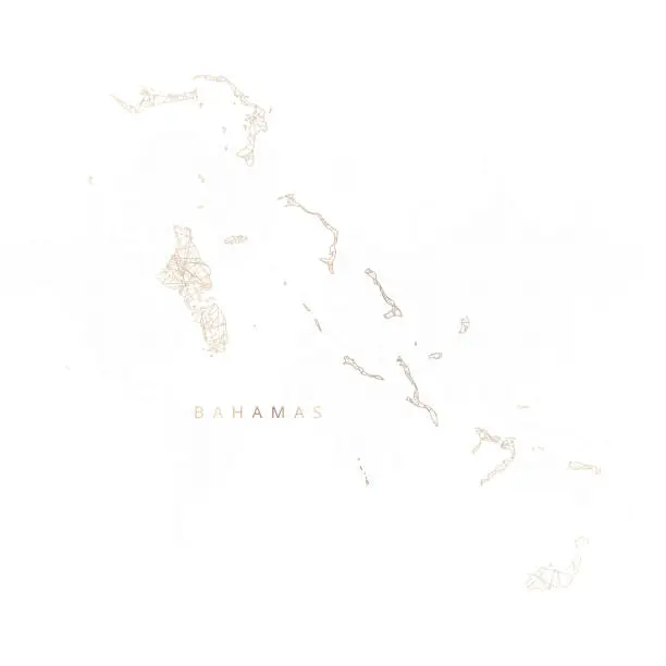 Vector illustration of Low poly map of Bahamas. Gold polygonal wireframe. Glittering vector with gold particles on white background