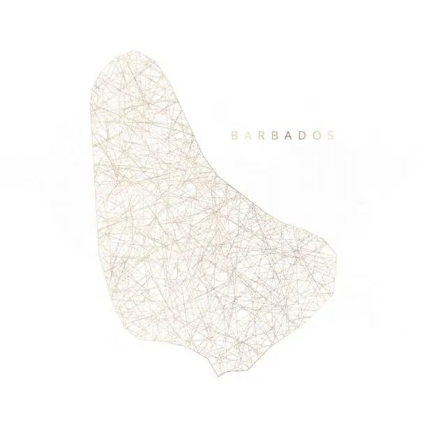 Vector illustration of Low poly map of Barbados. Gold polygonal wireframe. Glittering vector with gold particles on white background