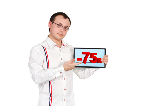 businessman holding tablet with discount