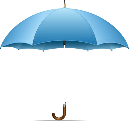 An open blue umbrella on a white background
