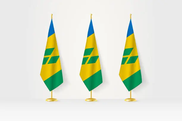 Vector illustration of Three Saint Vincent and the Grenadines flags in a row on a golden stand, illustration of press conference and other meetings.