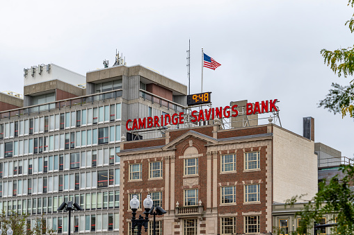 Stores and Cambridge savings Bank, Harvard Square, Cambridge, Boston, Massachusetts, USA.
