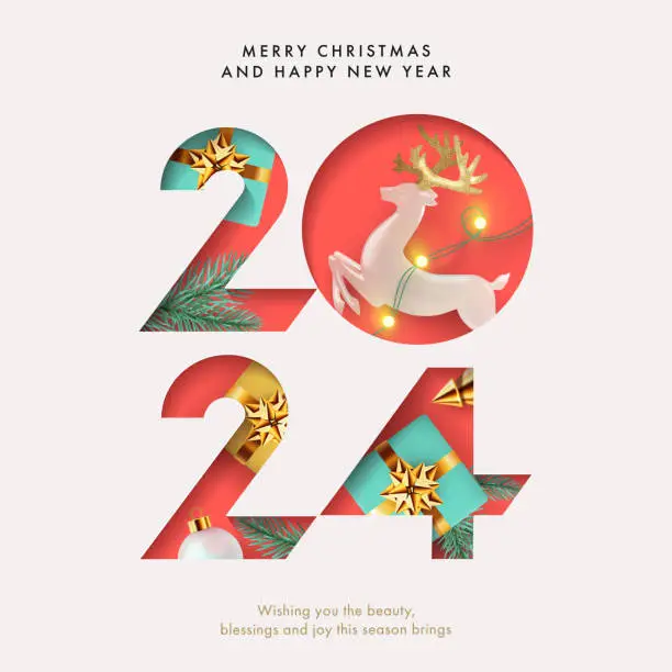 Vector illustration of Merry Christmas and Happy New Year modern design in paper cut style with number 2024, Christmas tree, ball, golden, blue and white gifts and pine branches. Xmas card, poster, holiday cover or banner
