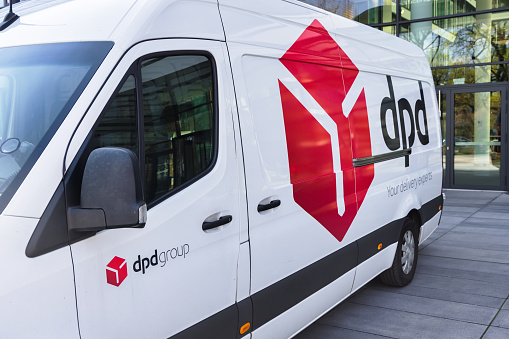 Munich, Germany - April 05, 2023: Logo of the DPD brand on a Germany delivery van. DPD Germany is part of the Geopost, an international parcel delivery service based in France